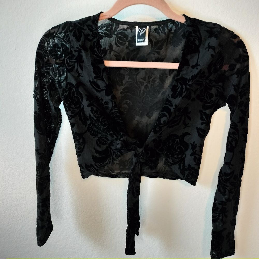 Windsor Women's Black Damask Print Velvet Cropped Open Wrap Front Tie Top Sz M